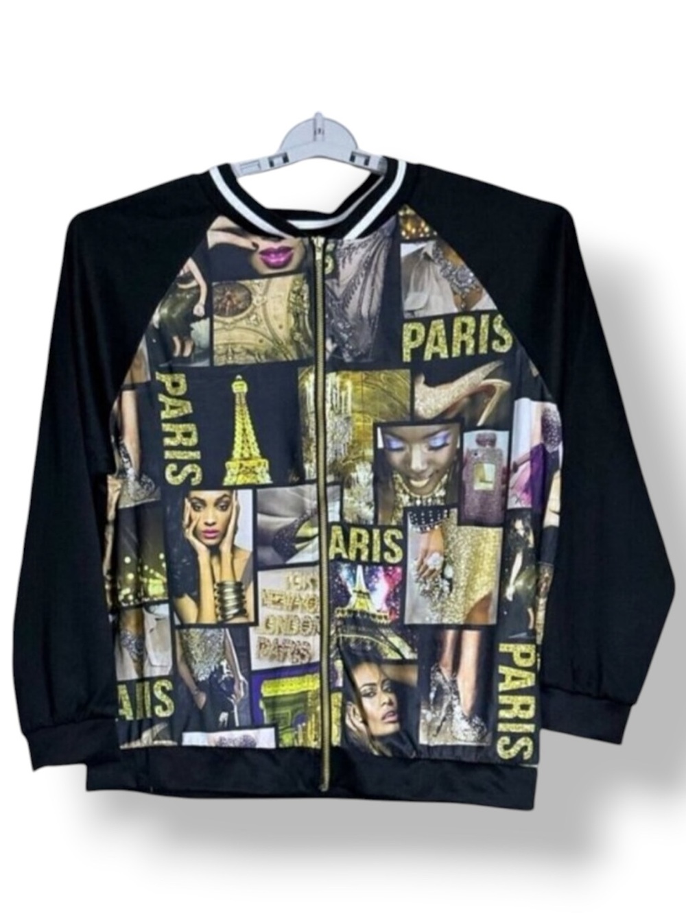 Blush Paris Bomber Jacket Magazine Varsity Zip Up Gold Black Women Large-XLarge